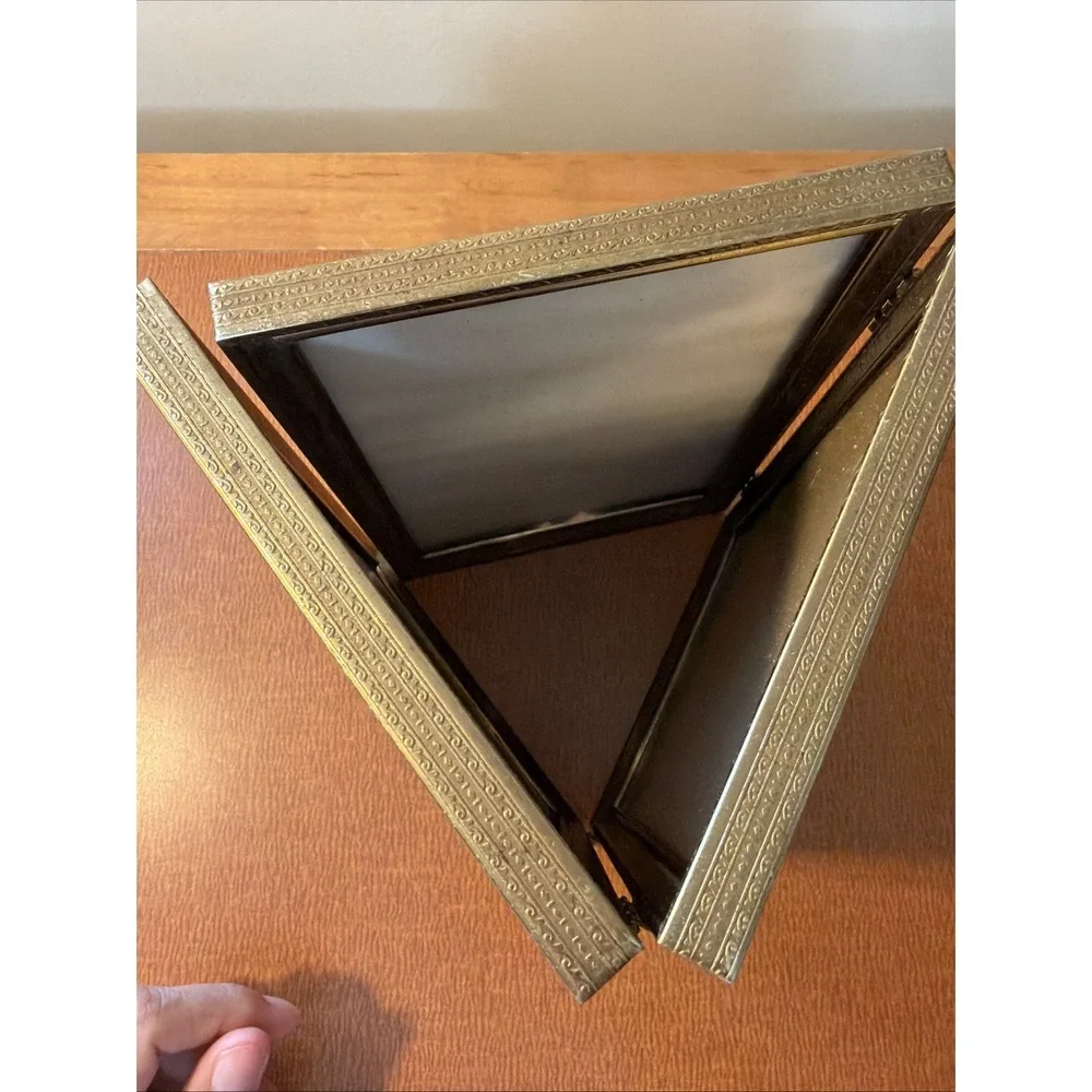 Vtg Brass Glass Trifold Picture Frame Holds 3 5